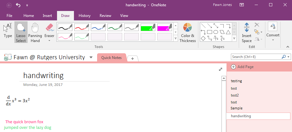 The OneNote desktop interface showing a mathematical equation and two additional lines of text below. The content is the same as the previous screenshot, including the colors, but appears as typed text.