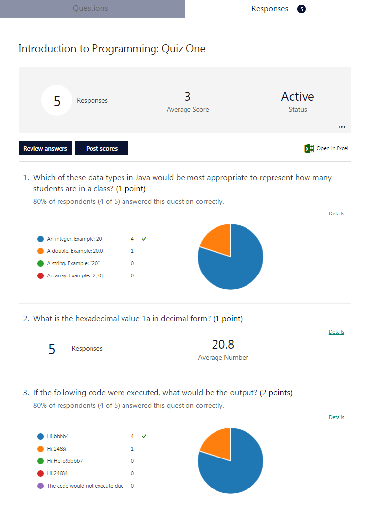 An example of the interface for viewing responses on Microsoft Forms is displayed. The screenshot shows the number of responses (5), the average score on the assessment (3/4), the status of the assignment (active), and statistical breakdowns of the responses for each question (both in a table and in a pie chart). There are options to review answers, post scores, and open the response data in Microsoft Excel. A tab at the top allows users to switch to viewing questions.