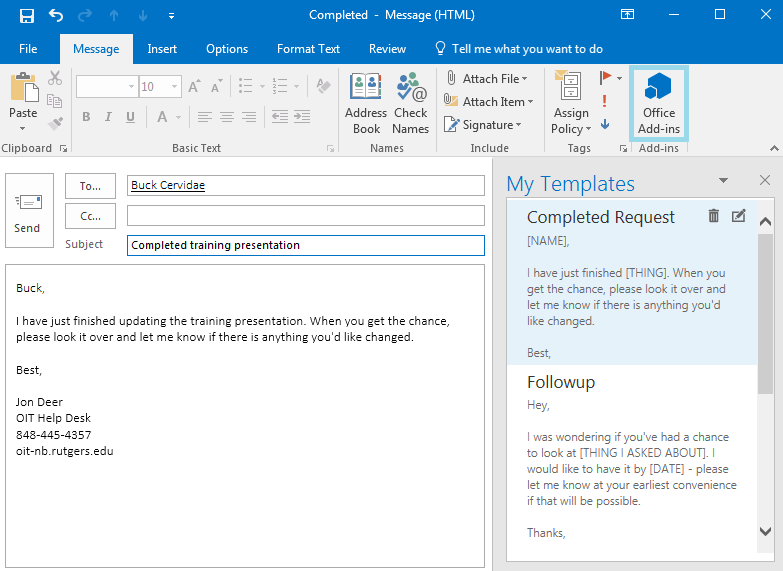 A screenshot of the email composition window in Outlook 2016. There is a selection of templates available for use on the right, one of which has been selected and used to compose the message. In the ribbon towards the top of the window, the "Office Add-ins" icon is surrounded by a blue rectangle to make it more noticeable.