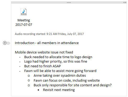 A section in a OneNote page with an icon for an audio recording and some typed notes below it. Next to the currently-selected line of text there is a "play" button.