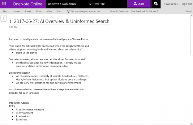 The OneNote Online interface. A page of notes is open and a simplified version of the traditional desktop menu (including submenus like File and Insert) is available.