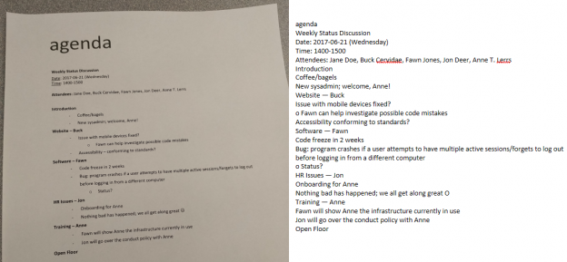 On the left is a photo of a printed agenda and on the right is a screenshot of the plaintext version of the content from that agenda.